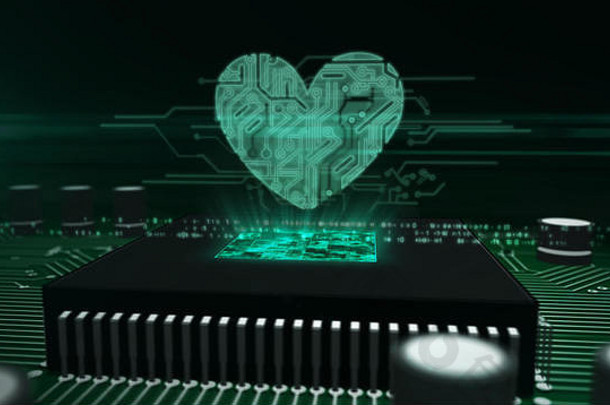 爱与健康的概念与心脏全息图在工作cpu的背景。电路板3d插图。浪漫、网络约会、rendez vous和med