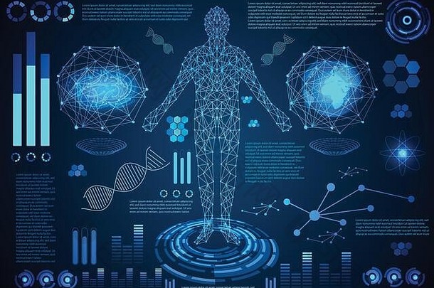 摘要技术未来主义的概念胡德接口全息图元素数字数据图表沟通计算人类身体数字健康