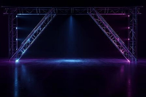 霓虹灯发光舞台紫蓝色激光荧光复古现代科幻潘通充满活力的水泥俱乐部舞蹈时尚T型台黑暗夜色Grunge 3D
