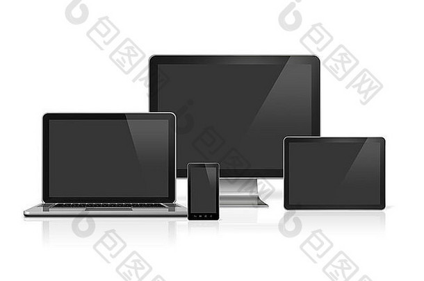 3D电脑、笔记本电脑、手机和数字平板电脑-白色隔离