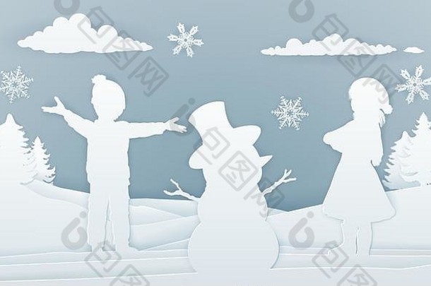 儿童堆雪人纸艺术风格