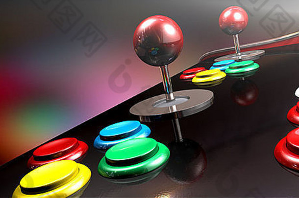 一款复古电脑游戏控制板，在反光的黑色表面上有一个操纵杆和四个不同颜色的按钮