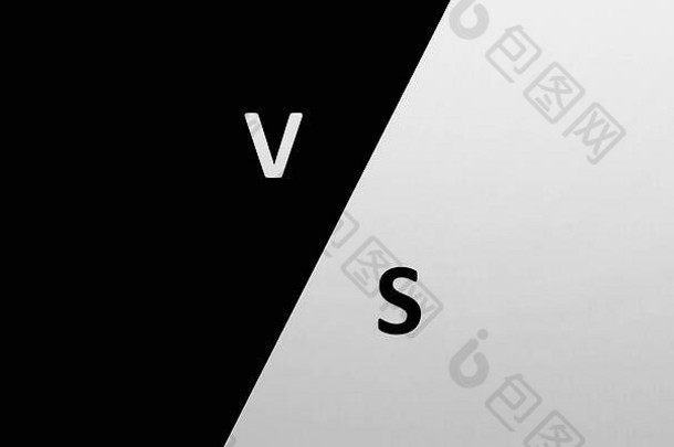 字母v和s对抗概念对抗冲突合成概念3d插图呈现。黑白背景