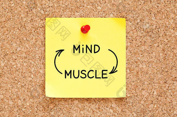 大脑肌肉连接箭头概念写在软木公告板上别着的黄色便签上。