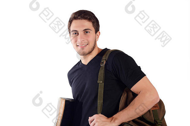 年轻拉丁学生的肖像，背着背包，拿着笔记本。孤立的白色背景。