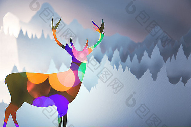 快乐圣诞节一年手工制作的纸减少问候卡鹿反映散景灯冬天森林景观