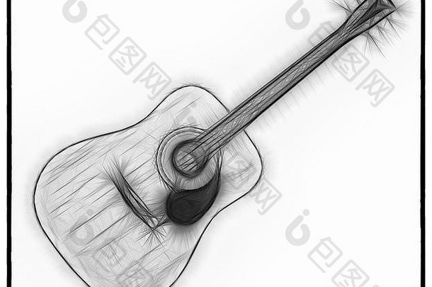 白色背景上经典电吉他的分形抽象黑白图像。