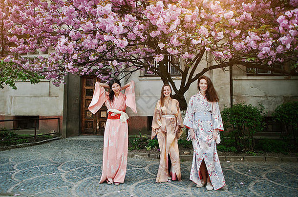 三名穿着传统日本和服的欧洲女孩在樱花树上绽放粉红色花朵
