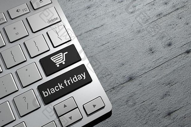 黑色星期五，销售，网上购物，购物优惠。电脑键盘按钮。三维渲染