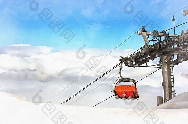 美丽的冬天山景观滑雪度假胜地电梯色彩斑斓的绘画