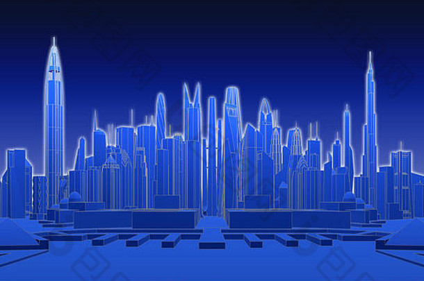 蓝色未来城市3d渲染