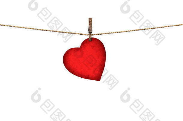 情人节卡心形状的红色的纸挂晾衣绳孤立的白色背景