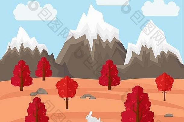 秋天的风景与兔子在平面上的风格如出一辙。山和树。山地秋景
