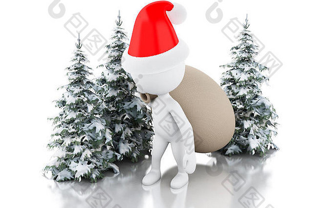 3d渲染器图像。圣诞老人带着一袋礼物，圣诞树在新鲜的雪地里。圣诞节的概念。孤立的白色背景。