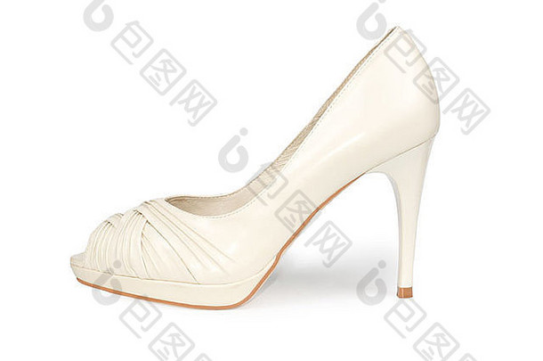 优雅的女士白色皮革细高跟鞋侧视图，露趾设计，适合日常穿着