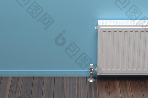 散热器房间室内蓝色的颜色墙木地板上复制空间中央加热安装温暖的首页插图