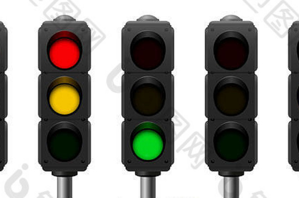 具有通用信号序列概述的交通灯-白色背景上的真实三维插图。