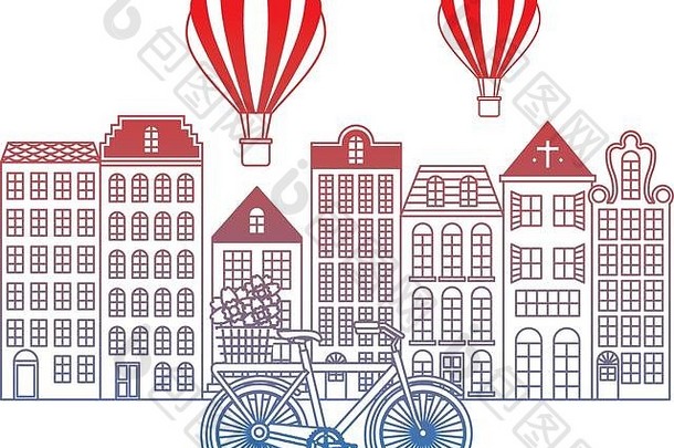 有气球和自行车的旧建筑城市景观