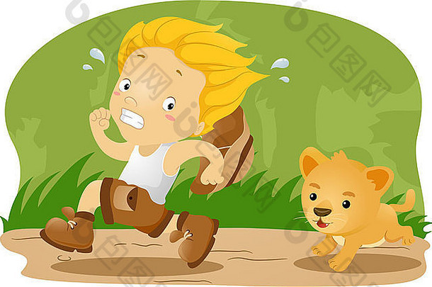 一个小孩被一只小狮子追赶的插图