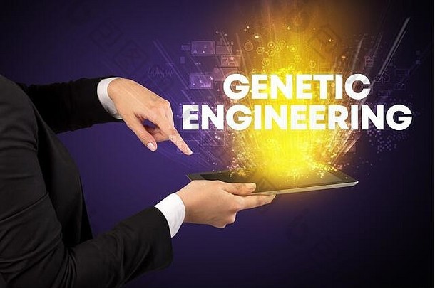 带有<strong>基因工程</strong>铭文的触摸屏特写，创新技术概念