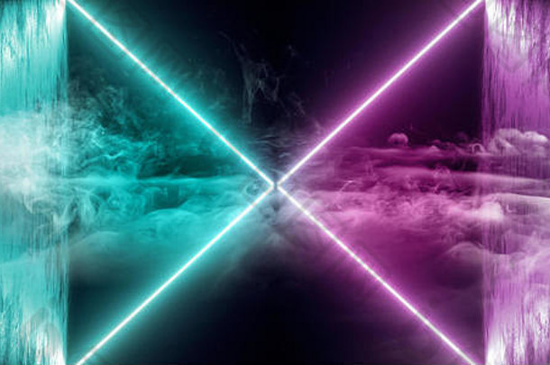 烟雾未来主义科幻紫色蓝粉色霓虹管灯在混凝土地板房间中发光，反射空空间3D渲染插图