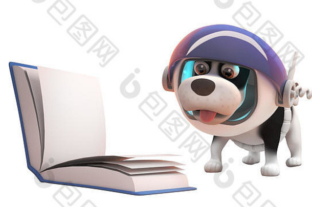 3d可爱小狗穿着宇航员宇航服在零重力下看书，3d插图渲染