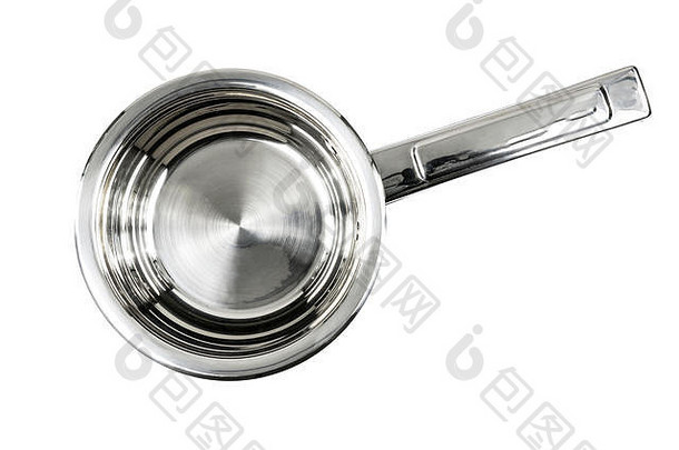 白色背景上隔离的专业不锈钢金属烹饪锅的俯视图。
