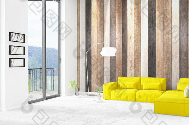 全新的白色阁楼卧室简约风格的室内设计，带有空间<strong>墙</strong>面和窗外的景观。三维渲染。