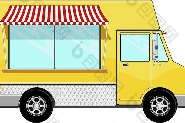 黄色食品巴士，白色背景上有独立的遮阳篷，为您的徽标、文字或信息空间