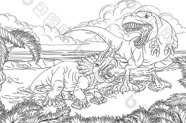 恐龙特雷克斯三角龙场景着色书页面