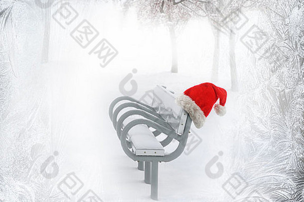 圣诞老人老人红色的板凳上冬天公园