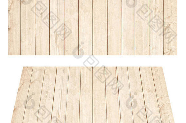 棕色木质墙壁、桌子、地板表面、木质纹理。对象在白色背景上被隔离