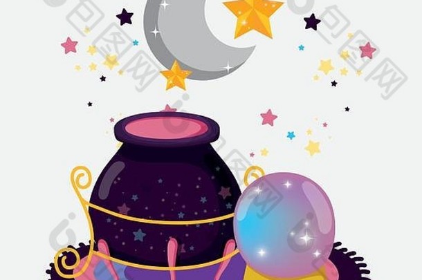 有魔法水晶球的大锅和有星星的月亮