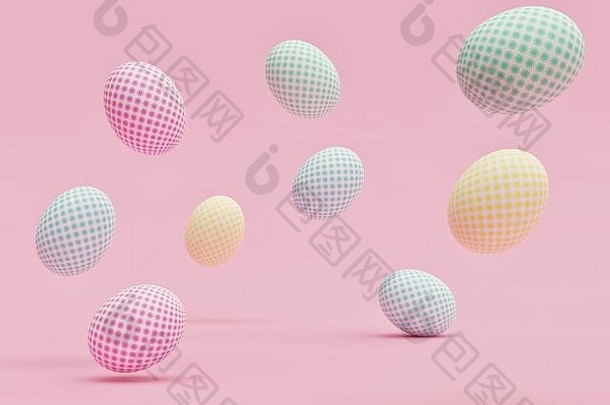 带有美丽图案的复活节彩蛋以粉色背景随机漂浮在空中-3D渲染概念