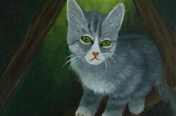 绿色背景下的灰色小猫油画