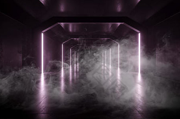 烟雾未来主义科幻紫色优雅图形背景深色反光垃圾混凝土外星人飞船隧道走廊大厅走廊车库灯