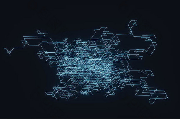 蓝络空间，交叉发光线，3d渲染。计算机数字绘图。