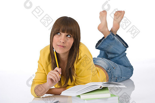 学生快乐女少年写家庭作业书白色背景