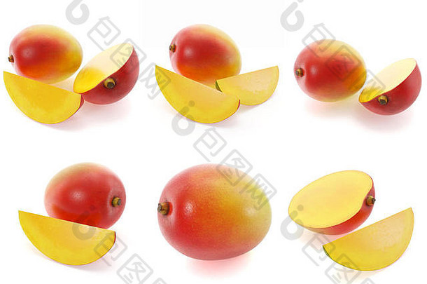 3d渲染芒果集。芒果整片，甜甜的水果，白色的真实插图。