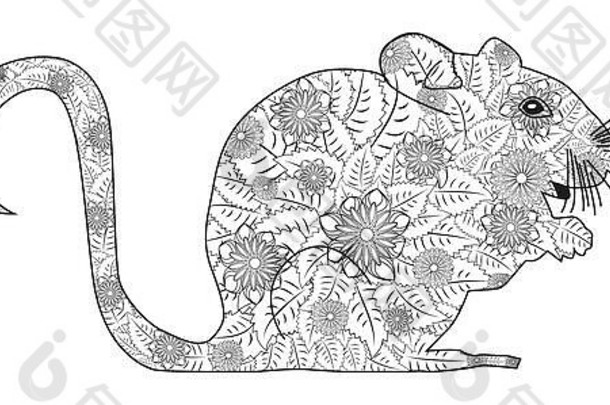 手绘zentangle鼠标，用于成人和其他装饰品的着色书