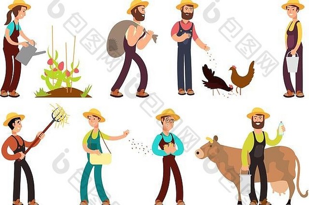 快乐农家用农具和种植媒介人物集。农业插图与农民角色作品