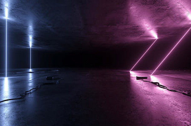 科幻发光霓虹灯管灯未来紫蓝色充满活力的激光束展示室混凝土暗空背景隧道走廊大厅Spacesh