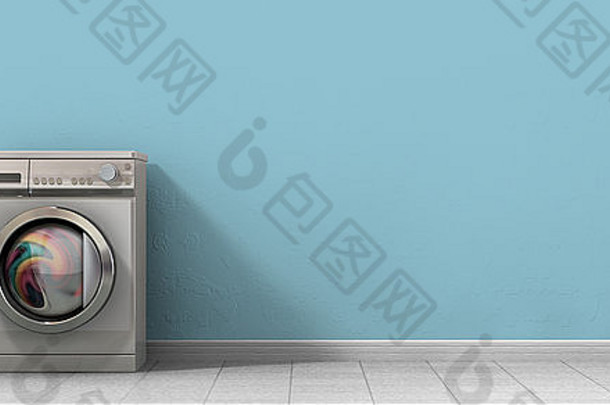 一个普通的拉丝金属洗衣机的正面视图，在一个有着闪亮瓷砖地板和婴儿床的空房间里装满了衣服