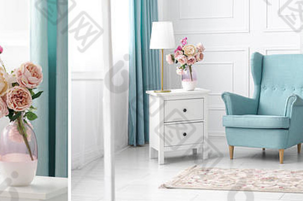 蓝色的白色主题生活房间拼贴画经典扶手椅金表格灯花花瓶