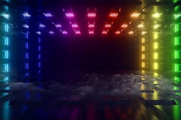 烟sci未来主义的金属反光示意图变形主板地板上现实的现代霓虹灯发光的激光行梁<strong>蓝色</strong>的红色的彩虹电气