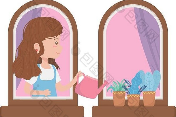 呆在家里，女人拿着水壶和盆栽植物在窗户里