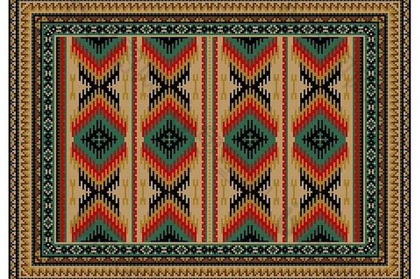 复古奢华东方地毯，红色、棕色、黄色之字形条纹，白色背景上有绿色和黑色