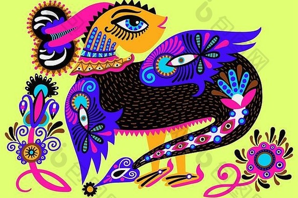 卡拉科风格的民族奇幻动物涂鸦设计