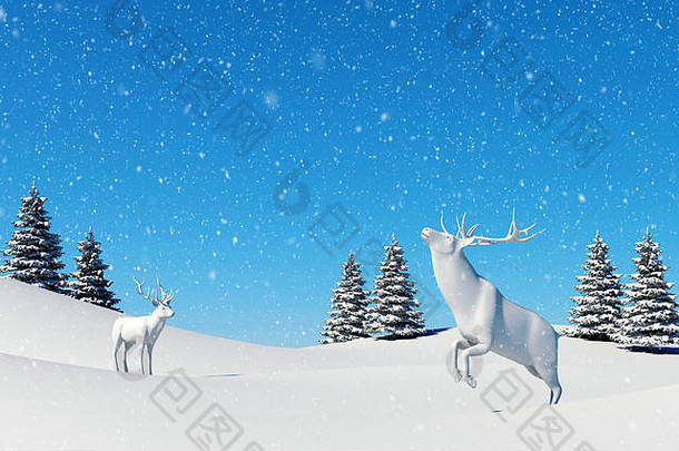 北极风景区，冬天和圣诞节雪地里降雪落在驯鹿身上。三维渲染