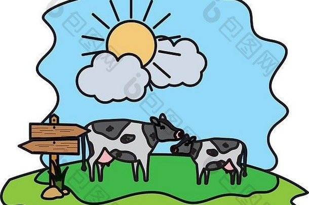 彩色家庭奶牛农场动物与木材通知